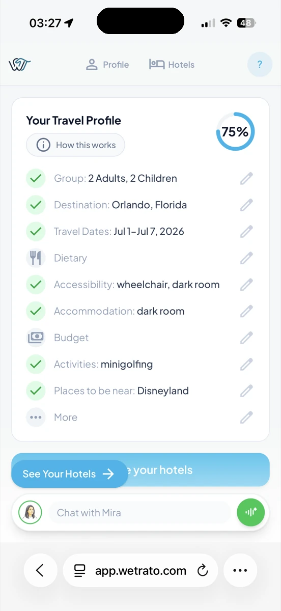 Travel profile built from the chat
